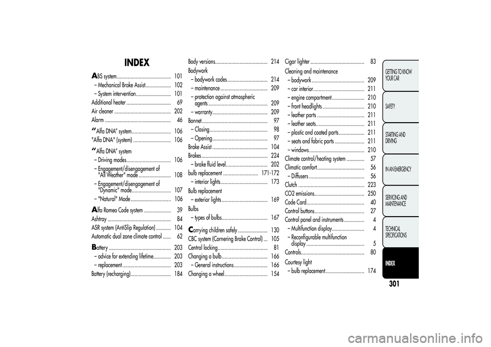 Alfa Romeo MiTo 2013 Owner handbook (in English) INDEX
A
BS system ........................................ 101
– Mechanical Brake Assist................... 102
– System intervention.......................... 101
Additional heater .............. Alfa Romeo MiTo 2013 Owner handbook (in English) INDEX
A
BS system ........................................ 101
– Mechanical Brake Assist................... 102
– System intervention.......................... 101
Additional heater ..............