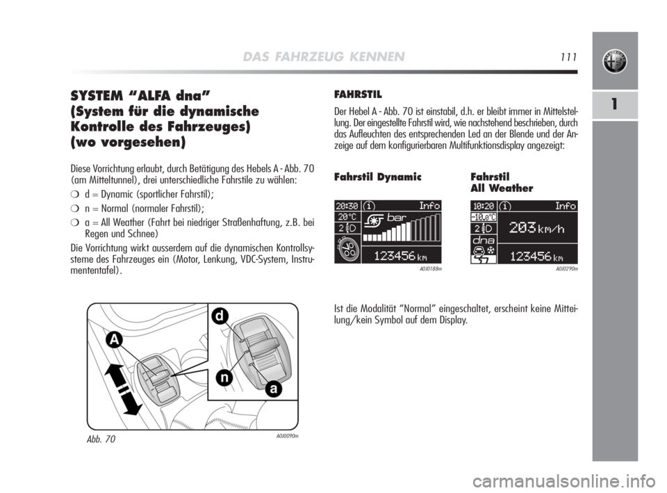 Alfa Romeo MiTo 2008 Betriebsanleitung (in German) DAS FAHRZEUG KENNEN111
1SYSTEM “ALFA dna”
(System für die dynamische
Kontrolle des Fahrzeuges)
(wo vorgesehen)
Diese Vorrichtung erlaubt, durch Betätigung des Hebels A - Abb. 70
(am Mitteltunnel Alfa Romeo MiTo 2008 Betriebsanleitung (in German) DAS FAHRZEUG KENNEN111
1SYSTEM “ALFA dna”
(System für die dynamische
Kontrolle des Fahrzeuges)
(wo vorgesehen)
Diese Vorrichtung erlaubt, durch Betätigung des Hebels A - Abb. 70
(am Mitteltunnel