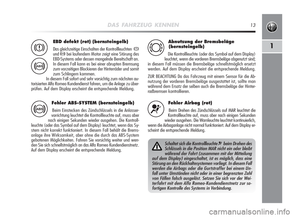Alfa Romeo MiTo 2008  Betriebsanleitung (in German) DAS FAHRZEUG KENNEN13
1
EBD defekt (rot) (bernsteingelb)
Das gleichzeitige Einschalten der Kontrollleuchtenx
und>bei laufendem Motor zeigt eine Störung des
EBD-Systems oder dessen mangelnde Bereitsch