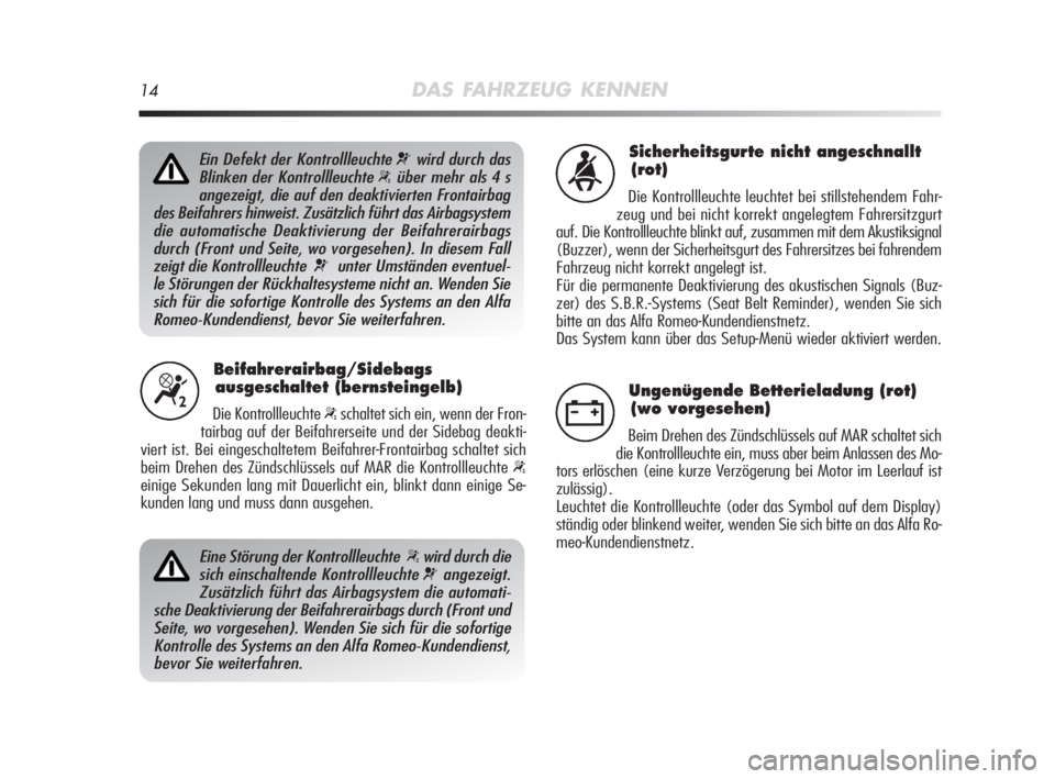 Alfa Romeo MiTo 2008  Betriebsanleitung (in German) 14DAS FAHRZEUG KENNEN
Beifahrerairbag/Sidebags
ausgeschaltet (bernsteingelb)
Die Kontrollleuchte “schaltet sich ein, wenn der Fron-
tairbag auf der Beifahrerseite und der Sidebag deakti-
viert ist. 