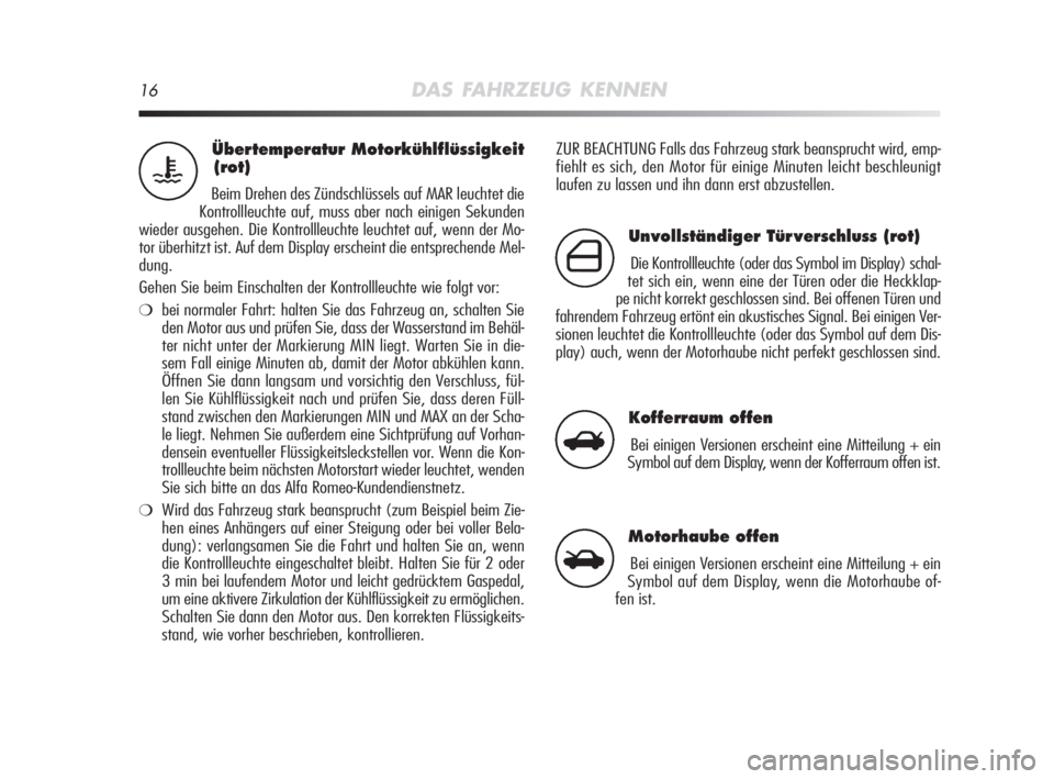 Alfa Romeo MiTo 2008  Betriebsanleitung (in German) 16DAS FAHRZEUG KENNEN
ZUR BEACHTUNG Falls das Fahrzeug stark beansprucht wird, emp-
fiehlt es sich, den Motor für einige Minuten leicht beschleunigt
laufen zu lassen und ihn dann erst abzustellen.Üb