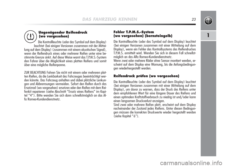 Alfa Romeo MiTo 2008  Betriebsanleitung (in German) DAS FAHRZEUG KENNEN23
1
Ungenügender Reifendruck 
(wo vorgesehen)
Die Kontrollleuchte (oder das Symbol auf dem Display)
leuchtet (bei einigen Versionen zusammen mit der Mittei-
lung auf dem Display) 