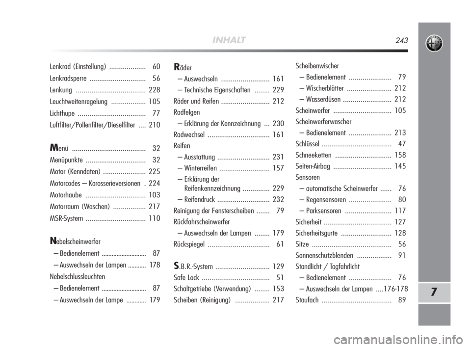 Alfa Romeo MiTo 2008  Betriebsanleitung (in German) INHALT243
7
Lenkrad (Einstellung)  ................... 60
Lenkradsperre ............................. 56
Lenkung.................................... 228
Leuchtweitenregelung .................. 105
Lic