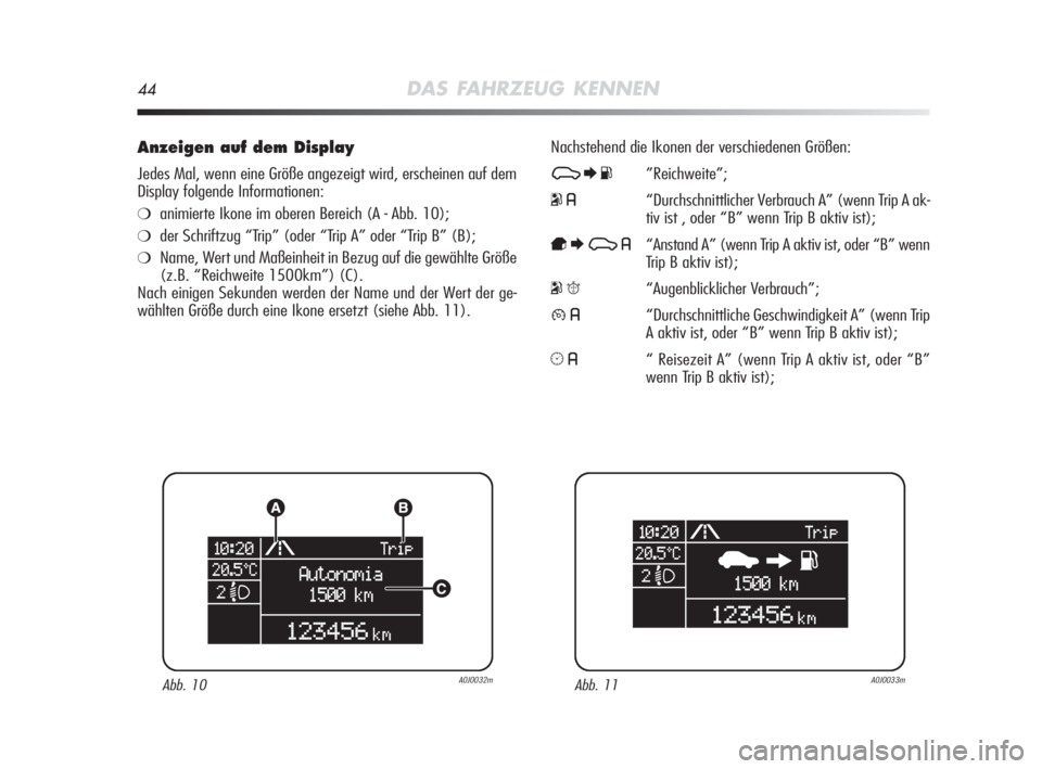 Alfa Romeo MiTo 2008  Betriebsanleitung (in German) 44DAS FAHRZEUG KENNEN
Anzeigen auf dem Display
Jedes Mal, wenn eine Größe angezeigt wird, erscheinen auf dem
Display folgende Informationen:
❍animierte Ikone im oberen Bereich (A - Abb. 10);
❍de