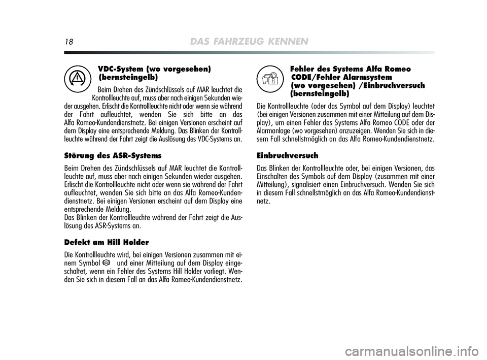 Alfa Romeo MiTo 2009  Betriebsanleitung (in German) 18DAS FAHRZEUG KENNEN
VDC-System (wo vorgesehen)
(bernsteingelb)
Beim Drehen des Zündschlüssels auf MAR leuchtet die
Kontrollleuchte auf, muss aber nach einigen Sekunden wie-
der ausgehen. Erlischt 