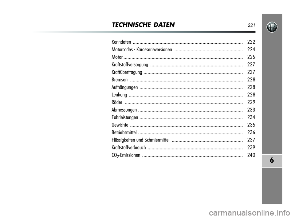 Alfa Romeo MiTo 2009  Betriebsanleitung (in German) TECHNISCHE DATEN221
6
Kenndaten.................................................................................. 222
Motorcodes - Karosserieversionen .................................................