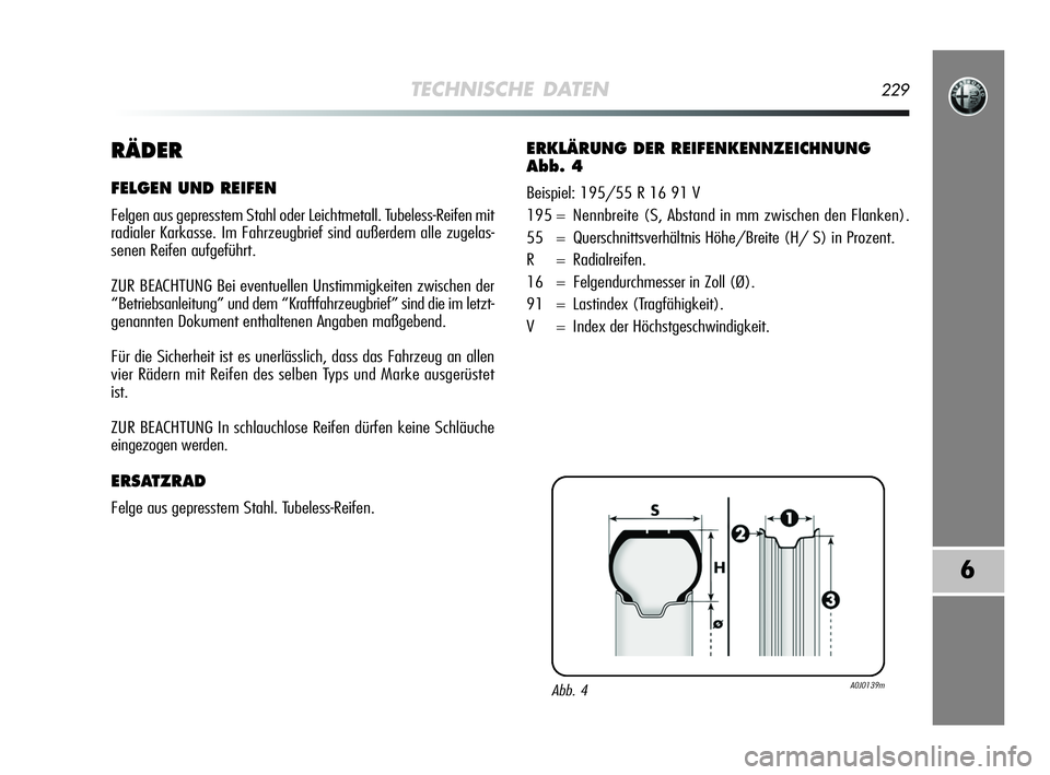 Alfa Romeo MiTo 2009  Betriebsanleitung (in German) TECHNISCHE DATEN229
6
RÄDER
FELGEN UND REIFEN
Felgen aus gepresstem Stahl oder Leichtmetall. Tubeless-Reifen mit
radialer Karkasse. Im Fahrzeugbrief sind außerdem alle zugelas-
senen Reifen aufgefü