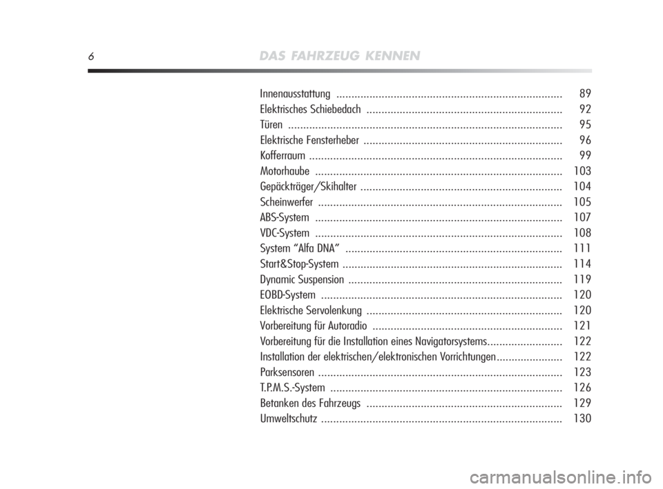 Alfa Romeo MiTo 2010  Betriebsanleitung (in German) 6DAS FAHRZEUG KENNEN
Innenausstattung ........................................................................... 89
Elektrisches Schiebedach ..........................................................