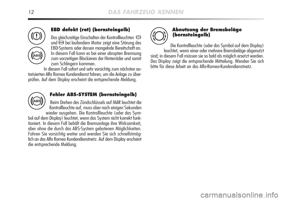 Alfa Romeo MiTo 2012  Betriebsanleitung (in German) 12DAS FAHRZEUG KENNEN
EBD defekt (rot) (bernsteingelb)
Das gleichzeitige Einschalten der Kontrollleuchtenx
und>bei laufendem Motor zeigt eine Störung des
EBD-Systems oder dessen mangelnde Bereitschaf