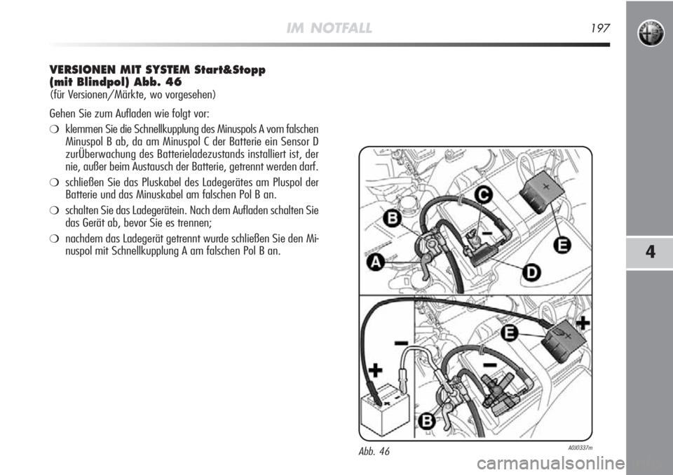 Alfa Romeo MiTo 2012  Betriebsanleitung (in German) IM NOTFALL197
4
VERSIONEN MIT SYSTEM Start&Stopp
(mit Blindpol) Abb. 46
(für Versionen/Märkte, wo vorgesehen)
Gehen Sie zum Aufladen wie folgt vor:
❍klemmen Sie die Schnellkupplung des Minuspols A