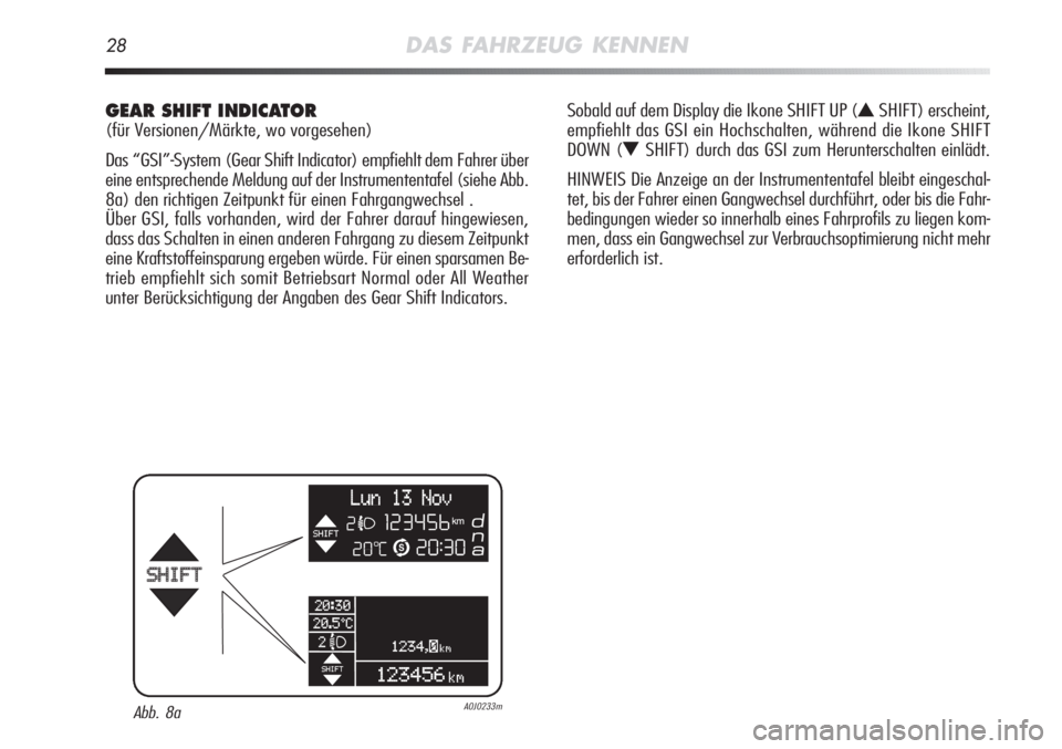 Alfa Romeo MiTo 2011  Betriebsanleitung (in German) 28DAS FAHRZEUG KENNEN
GEAR SHIFT INDICATOR 
(für Versionen/Märkte, wo vorgesehen)
Das “GSI”-System (Gear Shift Indicator) empfiehlt dem Fahrer über
eine entsprechende Meldung auf der Instrument
