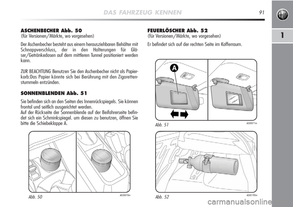 Alfa Romeo MiTo 2012  Betriebsanleitung (in German) DAS FAHRZEUG KENNEN91
1
ASCHENBECHER Abb. 50
(für Versionen/Märkte, wo vorgesehen)
Der Aschenbecher besteht aus einem herausziehbaren Behälter mit
Schnappverschluss, der in den Halterungen für Gl