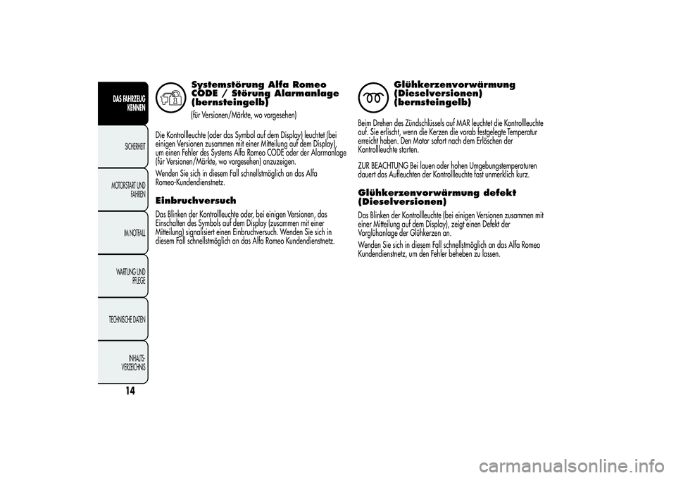 Alfa Romeo MiTo 2013  Betriebsanleitung (in German) Systemstörung Alfa Romeo
CODE / Störung Alarmanlage
(bernsteingelb)(für Versionen/Märkte, wo vorgesehen)
Die Kontrollleuchte (oder das Symbol auf dem Display) leuchtet (bei
einigen Versionen zusam