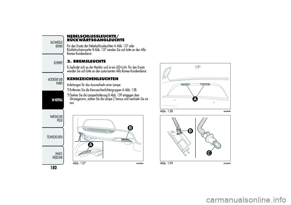 Alfa Romeo MiTo 2013 Betriebsanleitung (in German) NEBELSCHLUSSLEUCHTE/
RÜCKWÄRTSGANGLEUCHTEFür den Ersatz der Nebelschlussleuchten A Abb. 137 oder
Rückfahrscheinwerfer B Abb. 137 wenden Sie sich bitte an den Alfa
Romeo-Kundendienst.3. BREMSLEUCHT Alfa Romeo MiTo 2013 Betriebsanleitung (in German) NEBELSCHLUSSLEUCHTE/
RÜCKWÄRTSGANGLEUCHTEFür den Ersatz der Nebelschlussleuchten A Abb. 137 oder
Rückfahrscheinwerfer B Abb. 137 wenden Sie sich bitte an den Alfa
Romeo-Kundendienst.3. BREMSLEUCHT