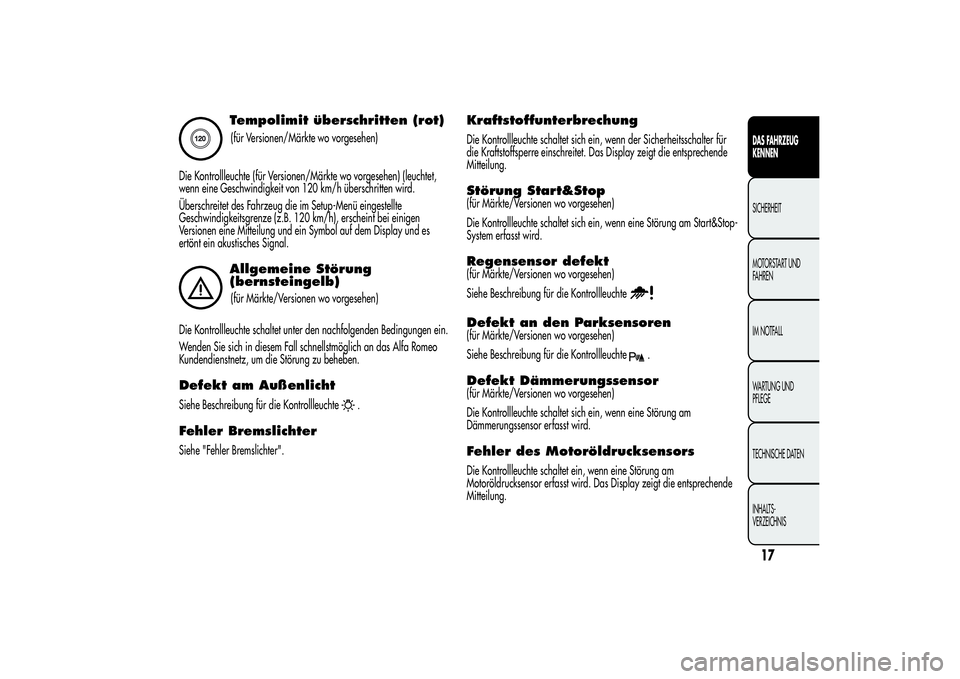 Alfa Romeo MiTo 2013  Betriebsanleitung (in German) Tempolimit überschritten (rot)(für Versionen/Märkte wo vorgesehen)
Die Kontrollleuchte (für Versionen/Märkte wo vorgesehen) (leuchtet,
wenn eine Geschwindigkeit von 120 km/h überschritten wird.
