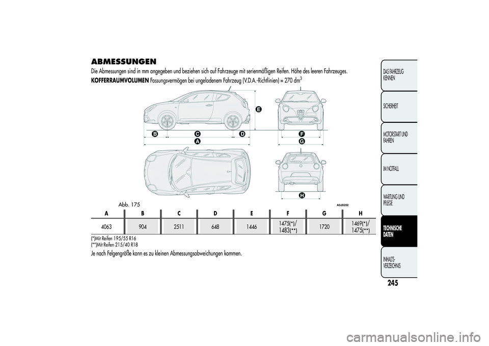Alfa Romeo MiTo 2013 Betriebsanleitung (in German) ABMESSUNGENDie Abmessungen sind in mm angegeben und beziehen sich auf Fahrzeuge mit serienmäßigen Reifen. Höhe des leeren Fahrzeuges.
KOFFERRAUMVOLUMENFassungsvermögen bei ungeladenem Fahrzeug (V. Alfa Romeo MiTo 2013 Betriebsanleitung (in German) ABMESSUNGENDie Abmessungen sind in mm angegeben und beziehen sich auf Fahrzeuge mit serienmäßigen Reifen. Höhe des leeren Fahrzeuges.
KOFFERRAUMVOLUMENFassungsvermögen bei ungeladenem Fahrzeug (V.