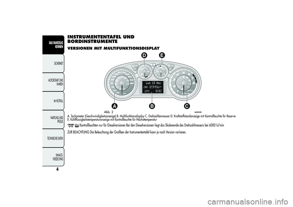 Alfa Romeo MiTo 2013  Betriebsanleitung (in German) INSTRUMENTENTAFEL UND
BORDINSTRUMENTEVERSIONEN MIT MULTIFUNKTIONSDISPLAYA. Tachometer (Geschwindigkeitsanzeige) B. Multifunktionsdisplay C. Drehzahlenmesser D. Kraftstoffstandanzeige mit Kontrollleuch