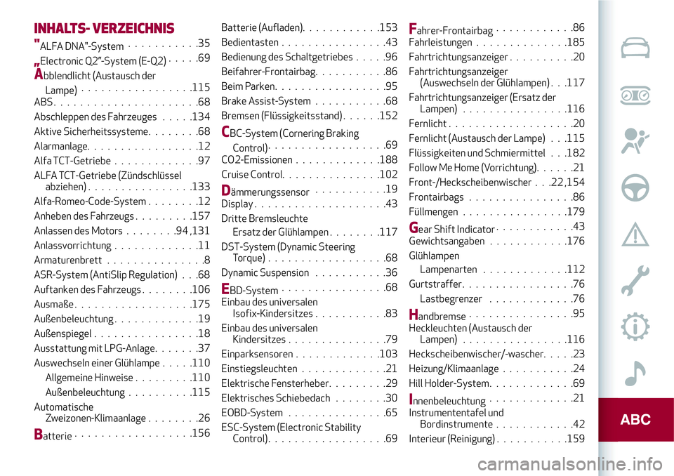 Alfa Romeo MiTo 2019  Betriebsanleitung (in German) INHALTS- VERZEICHNIS
"ALFA DNA"-System...........35
„Electronic Q2”-System (E-Q2).....69
Abblendlicht (Austausch der
Lampe).................115
ABS......................68
Abschleppen des 