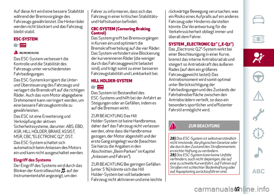 Alfa Romeo MiTo 2019 Betriebsanleitung (in German) Auf diese Art wird eine bessere Stabilität
während der Bremsvorgänge des
Fahrzeugs gewährleistet. Die Hinterräder
werden nicht blockiert und das Fahrzeug
bleibt stabil.
ESC-SYSTEM
28) 29) 30) 31) Alfa Romeo MiTo 2019 Betriebsanleitung (in German) Auf diese Art wird eine bessere Stabilität
während der Bremsvorgänge des
Fahrzeugs gewährleistet. Die Hinterräder
werden nicht blockiert und das Fahrzeug
bleibt stabil.
ESC-SYSTEM
28) 29) 30) 31)
