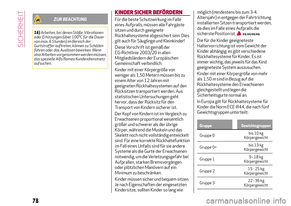 Alfa Romeo MiTo 2019 Betriebsanleitung (in German) ZUR BEACHTUNG
16)Arbeiten, bei denen Stöße, Vibrationen
oder Erhitzungen (über 100°C für die Dauer
von max. 6 Stunden) im Bereich der
Gurtstraffer auftreten, können zu Schäden
führen oder das Alfa Romeo MiTo 2019 Betriebsanleitung (in German) ZUR BEACHTUNG
16)Arbeiten, bei denen Stöße, Vibrationen
oder Erhitzungen (über 100°C für die Dauer
von max. 6 Stunden) im Bereich der
Gurtstraffer auftreten, können zu Schäden
führen oder das