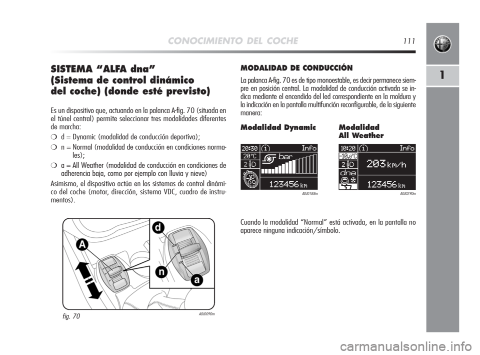 Alfa Romeo MiTo 2008 Manual de Empleo y Cuidado (in Spanish) CONOCIMIENTO DEL COCHE111
1SISTEMA “ALFA dna”
(Sistema de control dinámico
del coche) (donde esté previsto)
Es un dispositivo que, actuando en la palanca A-fig. 70 (situada en
el túnel central Alfa Romeo MiTo 2008 Manual de Empleo y Cuidado (in Spanish) CONOCIMIENTO DEL COCHE111
1SISTEMA “ALFA dna”
(Sistema de control dinámico
del coche) (donde esté previsto)
Es un dispositivo que, actuando en la palanca A-fig. 70 (situada en
el túnel central
