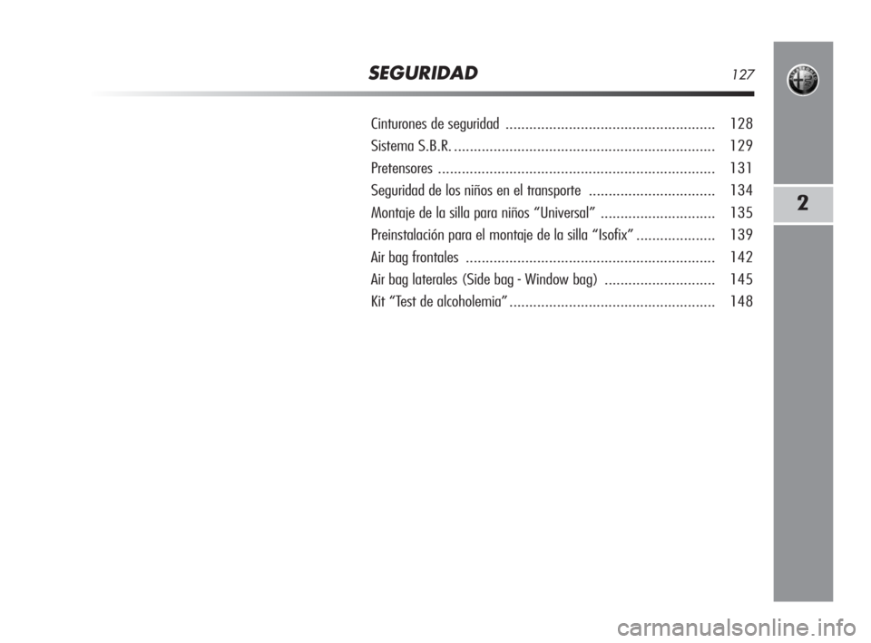 Alfa Romeo MiTo 2008  Manual de Empleo y Cuidado (in Spanish) SEGURIDAD127
2
Cinturones de seguridad ..................................................... 128
Sistema S.B.R................................................................... 129
Pretensores.......