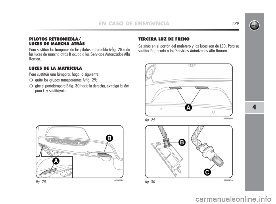 Alfa Romeo MiTo 2008 Manual de Empleo y Cuidado (in Spanish) EN CASO DE EMERGENCIA179
4
PILOTOS RETRONIEBLA/
LUCES DE MARCHA ATRÁS
Para sustituir las lámparas de los pilotos retroniebla A-fig. 28 o de
las luces de marcha atrás B acuda a los Servicios Autoriz Alfa Romeo MiTo 2008 Manual de Empleo y Cuidado (in Spanish) EN CASO DE EMERGENCIA179
4
PILOTOS RETRONIEBLA/
LUCES DE MARCHA ATRÁS
Para sustituir las lámparas de los pilotos retroniebla A-fig. 28 o de
las luces de marcha atrás B acuda a los Servicios Autoriz