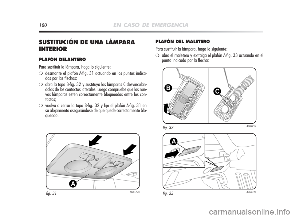 Alfa Romeo MiTo 2008  Manual de Empleo y Cuidado (in Spanish) 180EN CASO DE EMERGENCIA
SUSTITUCIÓN DE UNA LÁMPARA
INTERIOR
PLAFÓN DELANTERO
Para sustituir la lámpara, haga lo siguiente:
❍desmonte el plafón A-fig. 31 actuando en los puntos indica-
dos por 