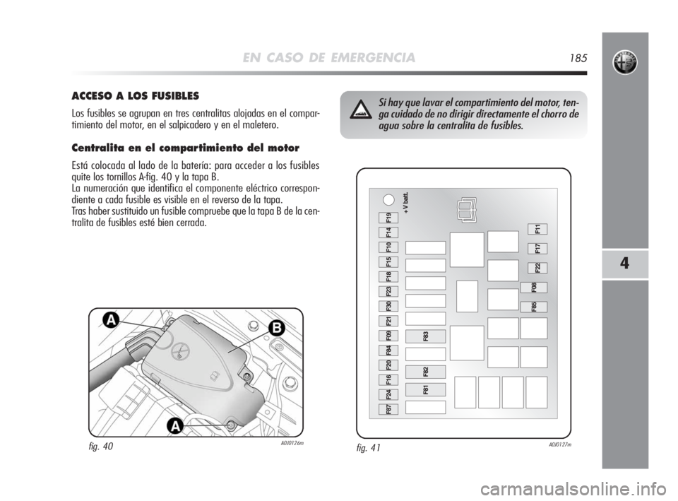 Alfa Romeo MiTo 2008  Manual de Empleo y Cuidado (in Spanish) EN CASO DE EMERGENCIA185
4
fig. 41A0J0127m
Si hay que lavar el compartimiento del motor, ten-
ga cuidado de no dirigir directamente el chorro de
agua sobre la centralita de fusibles.ACCESO A LOS FUSIB