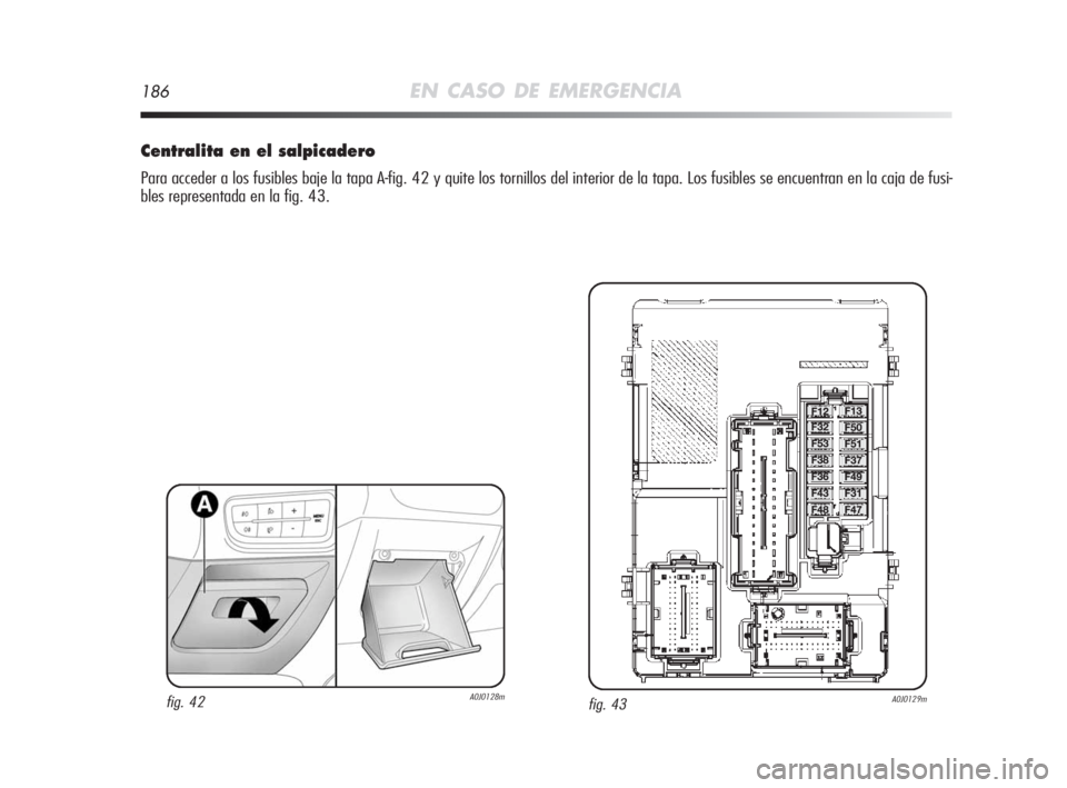 Alfa Romeo MiTo 2008  Manual de Empleo y Cuidado (in Spanish) 186EN CASO DE EMERGENCIA
Centralita en el salpicadero
Para acceder a los fusibles baje la tapa A-fig. 42 y quite los tornillos del interior de la tapa. Los fusibles se encuentran en la caja de fusi-
b