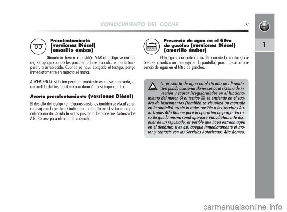 Alfa Romeo MiTo 2008 Manual de Empleo y Cuidado (in Spanish) CONOCIMIENTO DEL COCHE19
1
Precalentamiento
(versiones Diésel)
(amarillo ámbar)
Girando la llave a la posición MAR el testigo se encien-
de; se apaga cuando los precalentadores han alcanzado la te Alfa Romeo MiTo 2008 Manual de Empleo y Cuidado (in Spanish) CONOCIMIENTO DEL COCHE19
1
Precalentamiento
(versiones Diésel)
(amarillo ámbar)
Girando la llave a la posición MAR el testigo se encien-
de; se apaga cuando los precalentadores han alcanzado la te