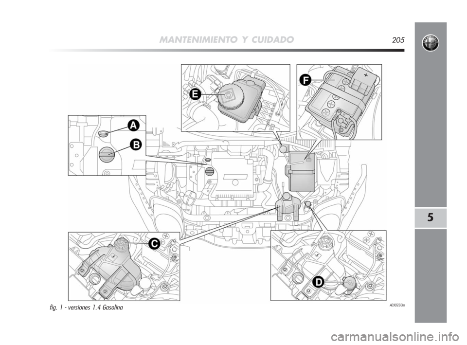 Alfa Romeo MiTo 2008 Manual de Empleo y Cuidado (in Spanish) MANTENIMIENTO Y CUIDADO205
5
A0J0230mfig. 1 - versiones 1.4 Gasolina
197-220 Alfa MiTo E 11-06-2008 11:28 Pagina 205 Alfa Romeo MiTo 2008 Manual de Empleo y Cuidado (in Spanish) MANTENIMIENTO Y CUIDADO205
5
A0J0230mfig. 1 - versiones 1.4 Gasolina
197-220 Alfa MiTo E 11-06-2008 11:28 Pagina 205