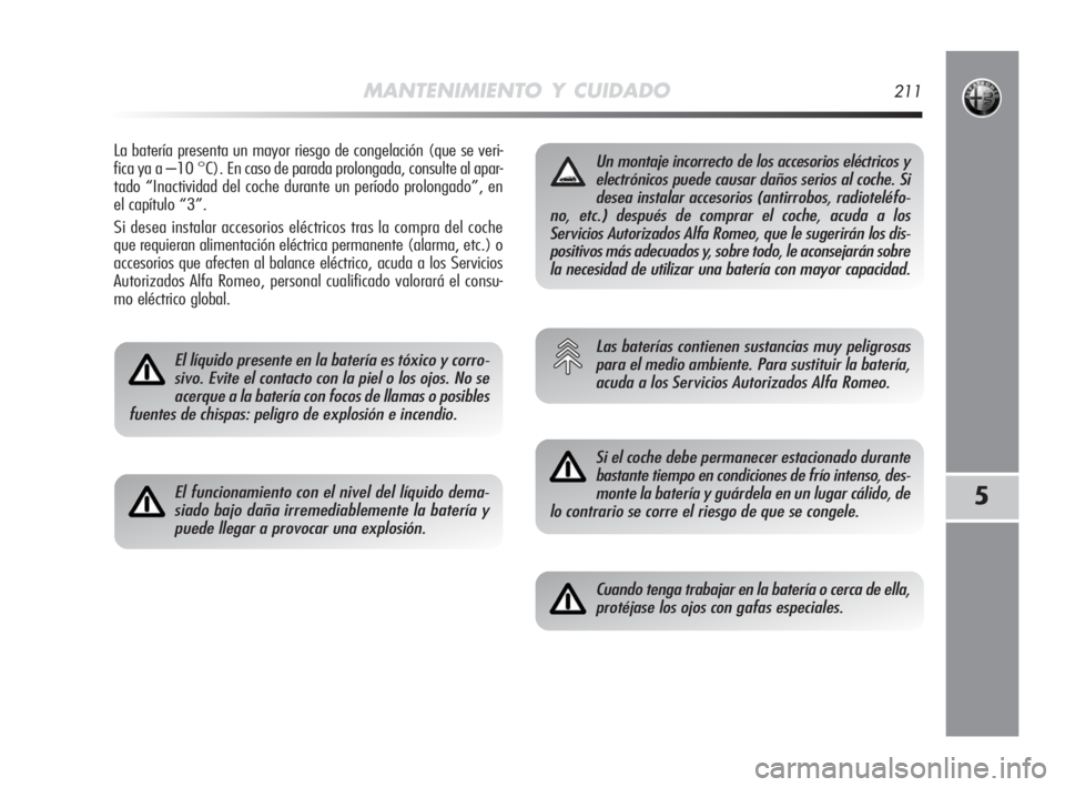 Alfa Romeo MiTo 2008  Manual de Empleo y Cuidado (in Spanish) MANTENIMIENTO Y CUIDADO211
5
La batería presenta un mayor riesgo de congelación (que se veri-
fica ya a –10 °C). En caso de parada prolongada, consulte al apar-
tado “Inactividad del coche dura