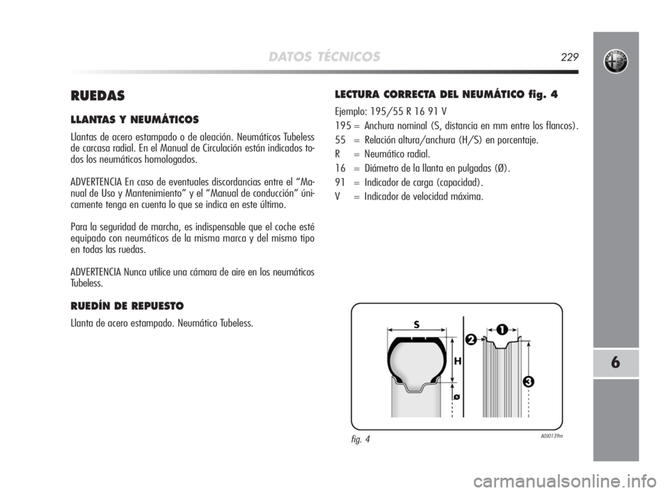 Alfa Romeo MiTo 2008  Manual de Empleo y Cuidado (in Spanish) DATOS TÉCNICOS229
6
RUEDAS
LLANTAS Y NEUMÁTICOS
Llantas de acero estampado o de aleación. Neumáticos Tubeless
de carcasa radial. En el Manual de Circulación están indicados to-
dos los neumátic