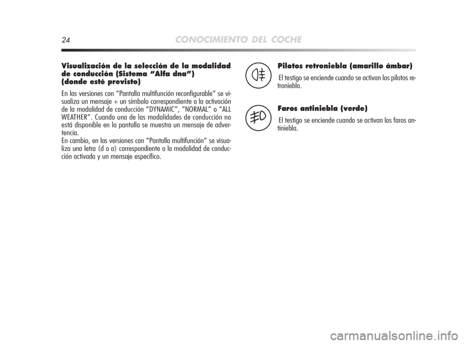 Alfa Romeo MiTo 2008  Manual de Empleo y Cuidado (in Spanish) 24CONOCIMIENTO DEL COCHE
Visualización de la selección de la modalidad
de conducción (Sistema “Alfa dna”) 
(donde esté previsto)
En las versiones con “Pantalla multifunción reconfigurable�