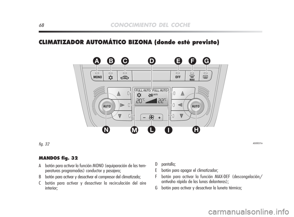 Alfa Romeo MiTo 2008 Manual de Empleo y Cuidado (in Spanish) 68CONOCIMIENTO DEL COCHE
CLIMATIZADOR AUTOMÁTICO BIZONA (donde esté previsto)
EFGABC
L
D
NHIM
A0J0037mfig. 32
MANDOS fig. 32
A botón para activar la función MONO (equiparación de las tem-
peratur Alfa Romeo MiTo 2008 Manual de Empleo y Cuidado (in Spanish) 68CONOCIMIENTO DEL COCHE
CLIMATIZADOR AUTOMÁTICO BIZONA (donde esté previsto)
EFGABC
L
D
NHIM
A0J0037mfig. 32
MANDOS fig. 32
A botón para activar la función MONO (equiparación de las tem-
peratur