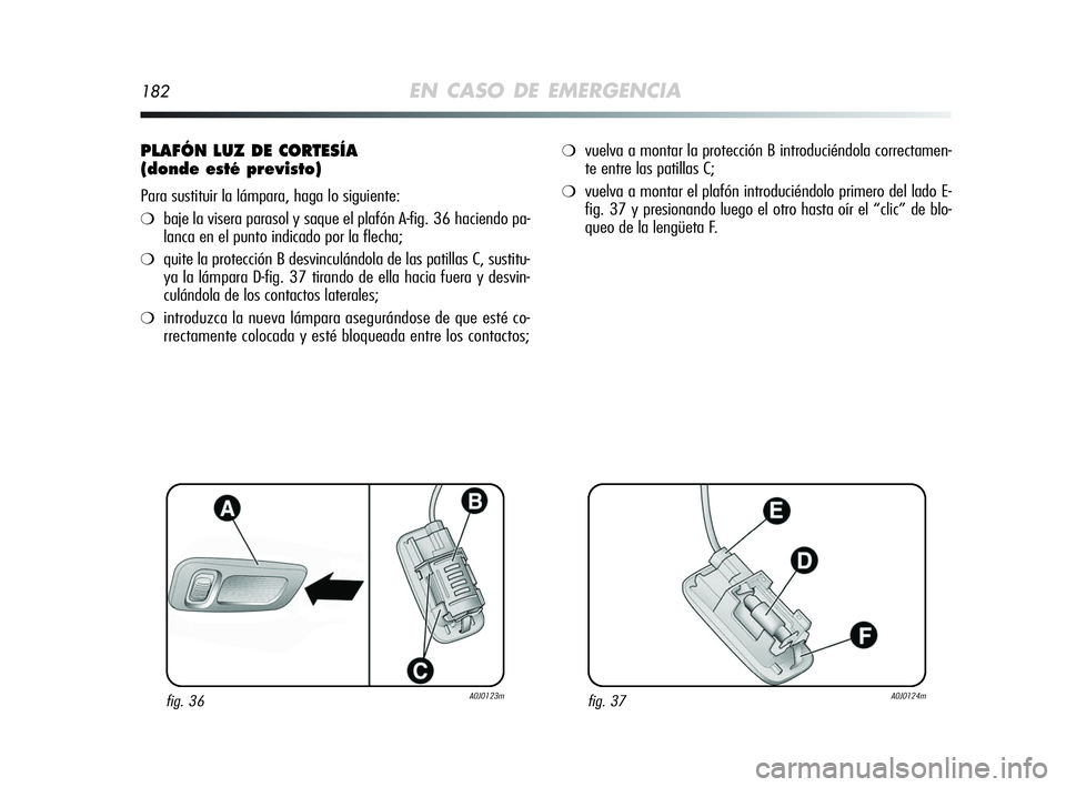 Alfa Romeo MiTo 2009  Manual de Empleo y Cuidado (in Spanish) 182EN CASO DE EMERGENCIA
PLAFÓN LUZ DE CORTESÍA
(donde esté previsto)
Para sustituir la lámpara, haga lo siguiente:
❍baje la visera parasol y saque el plafón A-fig. 36 haciendo pa-
lanca en el 