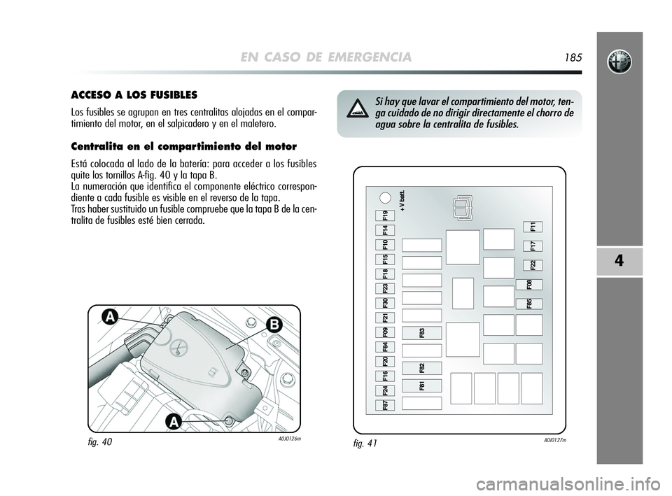 Alfa Romeo MiTo 2009  Manual de Empleo y Cuidado (in Spanish) EN CASO DE EMERGENCIA185
4
fig. 41A0J0127m
Si hay que lavar el compartimiento del motor, ten-
ga cuidado de no dirigir directamente el chorro de
agua sobre la centralita de fusibles.ACCESO A LOS FUSIB