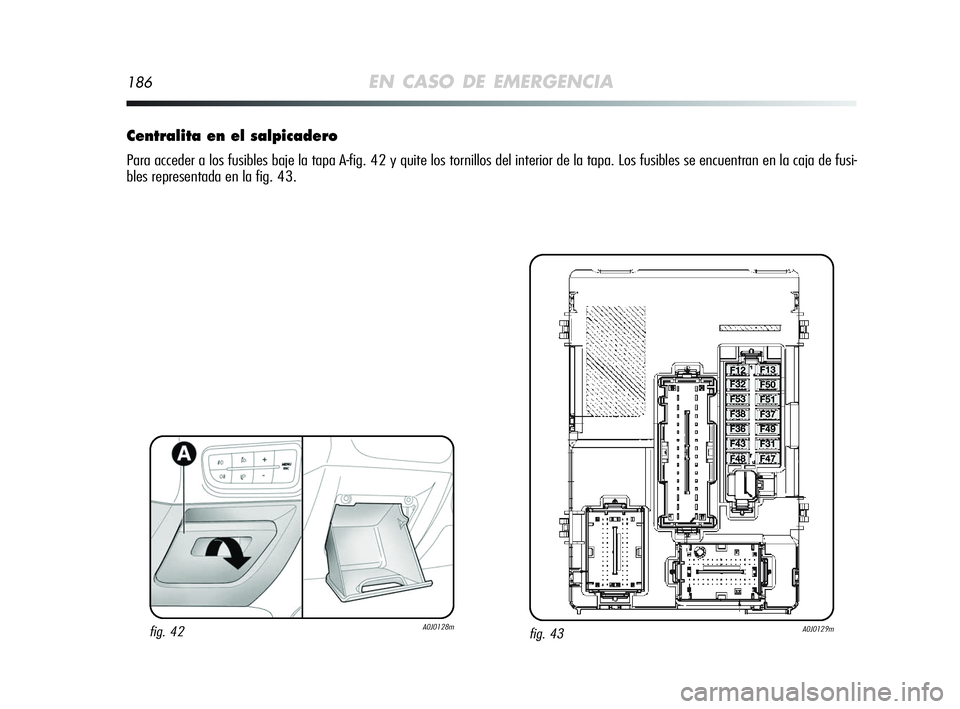 Alfa Romeo MiTo 2009  Manual de Empleo y Cuidado (in Spanish) 186EN CASO DE EMERGENCIA
Centralita en el salpicadero
Para acceder a los fusibles baje la tapa A-fig. 42 y quite los tornillos del interior de la tapa. Los fusibles se encuentran en la caja de fusi-
b