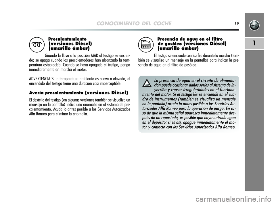 Alfa Romeo MiTo 2009  Manual de Empleo y Cuidado (in Spanish) CONOCIMIENTO DEL COCHE19
1
Precalentamiento
(versiones Diésel) 
(amarillo ámbar)
Girando la llave a la posición MAR el testigo se encien-
de; se apaga cuando los precalentadores han alcanzado la te
