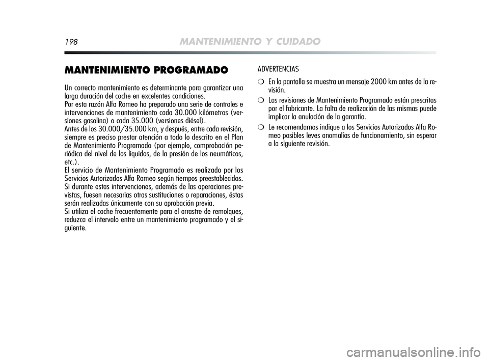 Alfa Romeo MiTo 2009  Manual de Empleo y Cuidado (in Spanish) 198MANTENIMIENTO Y CUIDADO
MANTENIMIENTO PROGRAMADO
Un correcto mantenimiento es determinante para garantizar una
larga duración del coche en excelentes condiciones.
Por esta razón Alfa Romeo ha pre