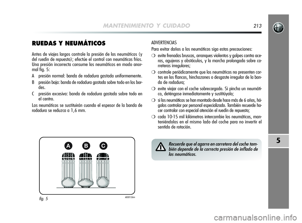 Alfa Romeo MiTo 2009 Manual de Empleo y Cuidado (in Spanish) MANTENIMIENTO Y CUIDADO213
5
RUEDAS Y NEUMÁTICOS
Antes de viajes largos controle la presión de los neumáticos (y
del ruedín de repuesto); efectúe el control con neumáticos fríos.
Una presión i Alfa Romeo MiTo 2009 Manual de Empleo y Cuidado (in Spanish) MANTENIMIENTO Y CUIDADO213
5
RUEDAS Y NEUMÁTICOS
Antes de viajes largos controle la presión de los neumáticos (y
del ruedín de repuesto); efectúe el control con neumáticos fríos.
Una presión i