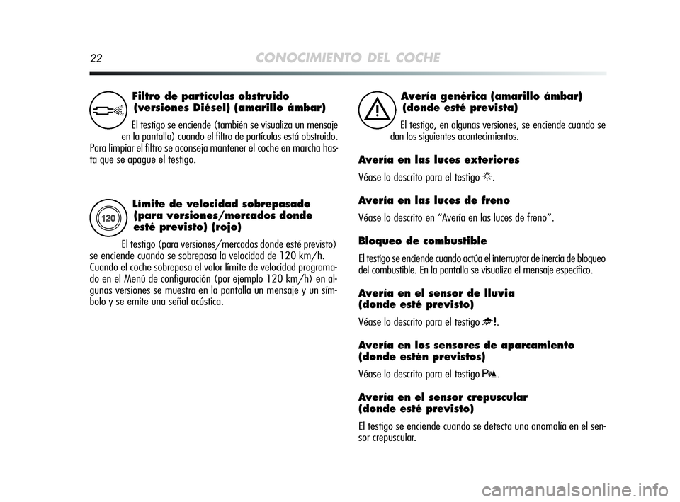 Alfa Romeo MiTo 2009 Manual de Empleo y Cuidado (in Spanish) 22CONOCIMIENTO DEL COCHE
Límite de velocidad sobrepasado
(para versiones/mercados donde
esté previsto) (rojo)
El testigo (para versiones/mercados donde esté previsto)
se enciende cuando se sobrep Alfa Romeo MiTo 2009 Manual de Empleo y Cuidado (in Spanish) 22CONOCIMIENTO DEL COCHE
Límite de velocidad sobrepasado
(para versiones/mercados donde
esté previsto) (rojo)
El testigo (para versiones/mercados donde esté previsto)
se enciende cuando se sobrep