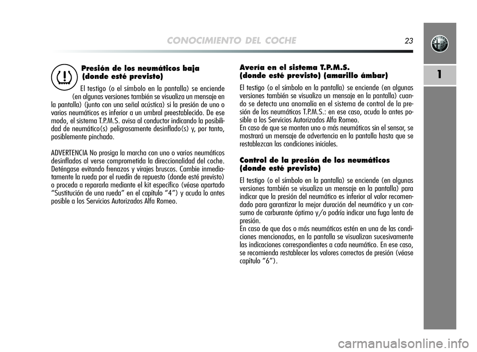 Alfa Romeo MiTo 2009 Manual de Empleo y Cuidado (in Spanish) CONOCIMIENTO DEL COCHE23
1
Presión de los neumáticos baja
(donde esté previsto)
El testigo (o el símbolo en la pantalla) se enciende
(en algunas versiones también se visualiza un mensaje en
la p Alfa Romeo MiTo 2009 Manual de Empleo y Cuidado (in Spanish) CONOCIMIENTO DEL COCHE23
1
Presión de los neumáticos baja
(donde esté previsto)
El testigo (o el símbolo en la pantalla) se enciende
(en algunas versiones también se visualiza un mensaje en
la p