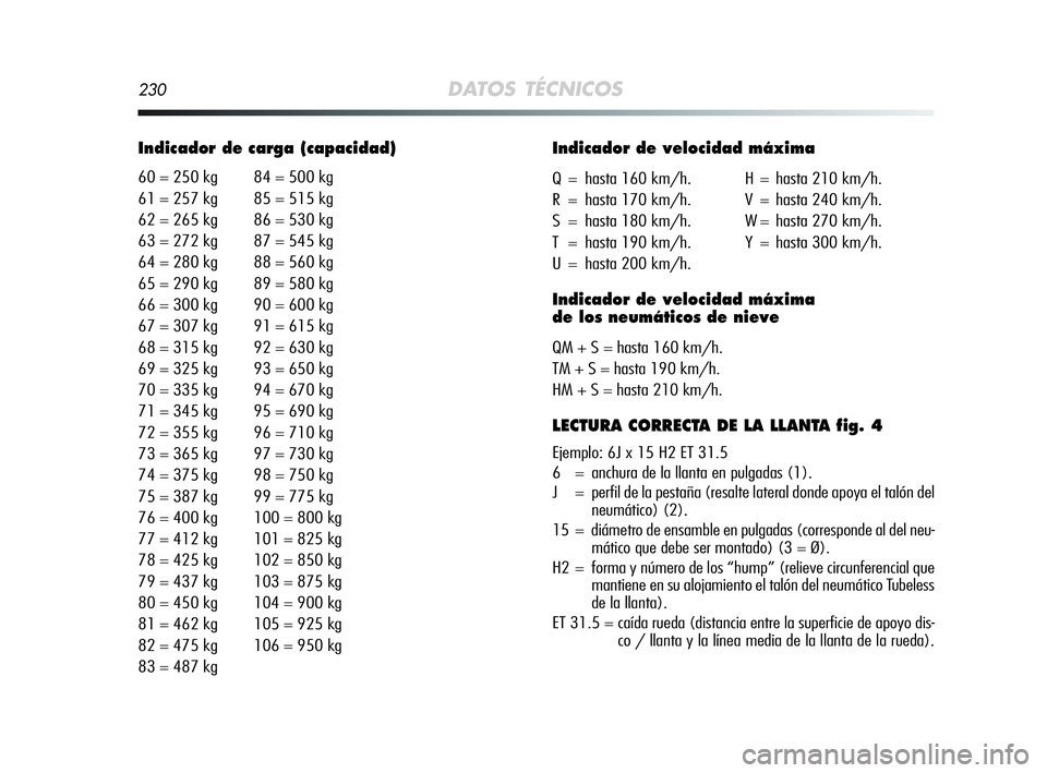 Alfa Romeo MiTo 2009  Manual de Empleo y Cuidado (in Spanish) 230DATOS TÉCNICOS
Indicador de carga (capacidad)
60 = 250 kg 84 = 500 kg
61 = 257 kg 85 = 515 kg
62 = 265 kg 86 = 530 kg
63 = 272 kg 87 = 545 kg
64 = 280 kg 88 = 560 kg
65 = 290 kg 89 = 580 kg
66 = 3