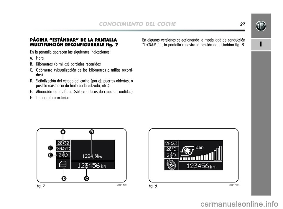 Alfa Romeo MiTo 2009  Manual de Empleo y Cuidado (in Spanish) CONOCIMIENTO DEL COCHE27
1
PÁGINA “ESTÁNDAR” DE LA PANTALLA
MULTIFUNCIÓN RECONFIGURABLE fig. 7
En la pantalla aparecen las siguientes indicaciones:
A. Hora
B. Kilómetros (o millas) parciales r