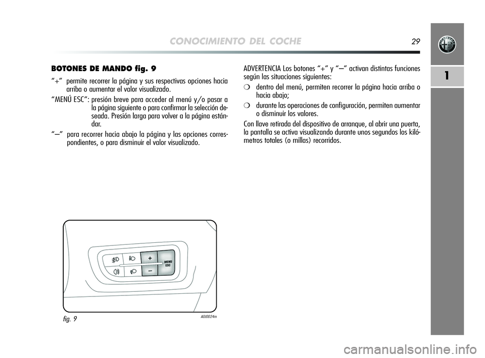 Alfa Romeo MiTo 2009 Manual de Empleo y Cuidado (in Spanish) CONOCIMIENTO DEL COCHE29
1
BOTONES DE MANDO fig. 9
“+” permite recorrer la página y sus respectivas opciones hacia
arriba o aumentar el valor visualizado.
“MENÚ ESC”: presión breve para ac Alfa Romeo MiTo 2009 Manual de Empleo y Cuidado (in Spanish) CONOCIMIENTO DEL COCHE29
1
BOTONES DE MANDO fig. 9
“+” permite recorrer la página y sus respectivas opciones hacia
arriba o aumentar el valor visualizado.
“MENÚ ESC”: presión breve para ac