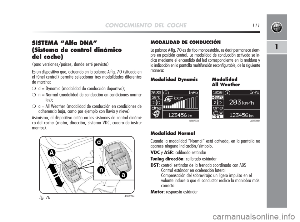 Alfa Romeo MiTo 2010  Manual de Empleo y Cuidado (in Spanish) CONOCIMIENTO DEL COCHE111
1SISTEMA “Alfa DNA”
(Sistema de control dinámico 
del coche)
(para versiones/paises, donde esté previsto)
Es un dispositivo que, actuando en la palanca A-fig. 70 (situa