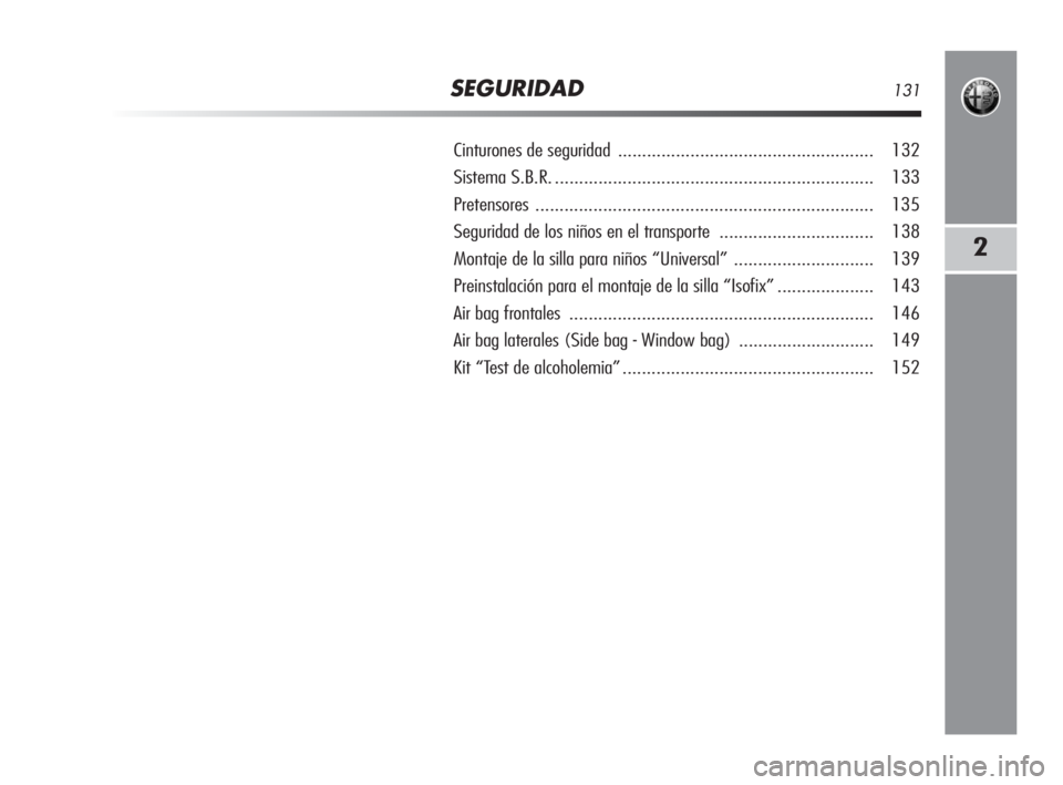 Alfa Romeo MiTo 2010  Manual de Empleo y Cuidado (in Spanish) SEGURIDAD131
2
Cinturones de seguridad ..................................................... 132
Sistema S.B.R. .................................................................. 133
Pretensores......