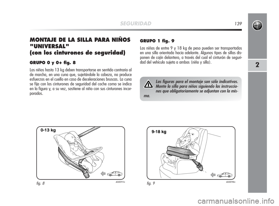 Alfa Romeo MiTo 2010  Manual de Empleo y Cuidado (in Spanish) SEGURIDAD139
2
MONTAJE DE LA SILLA PARA NIÑOS
"UNIVERSAL"
(con los cinturones de seguridad)
GRUPO 0 y 0+ fig. 8
Los niños hasta 13 kg deben transportarse en sentido contrario al
de marcha, e